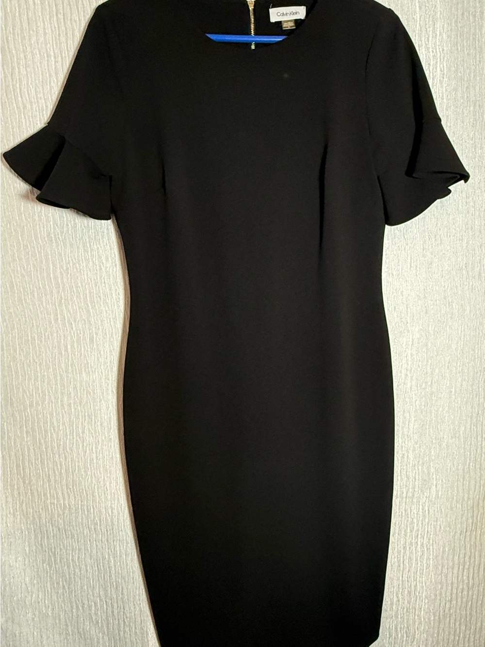 Calvin Klein Black Midi Sheath Dress with Ruffle Short Sleeves